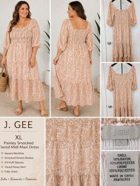 J. GEE XL Paisley Smocked Tiered Midi Maxi Dress Puff Sleeve Boho